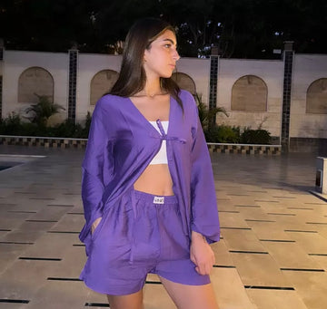 violet linen shorts