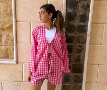 pink gingham tie front top
