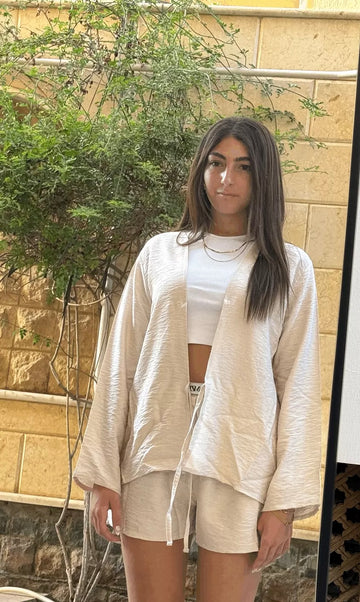beige tie front kimono
