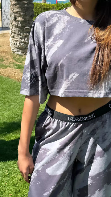 Grey Abstract Cropped T-Shirt