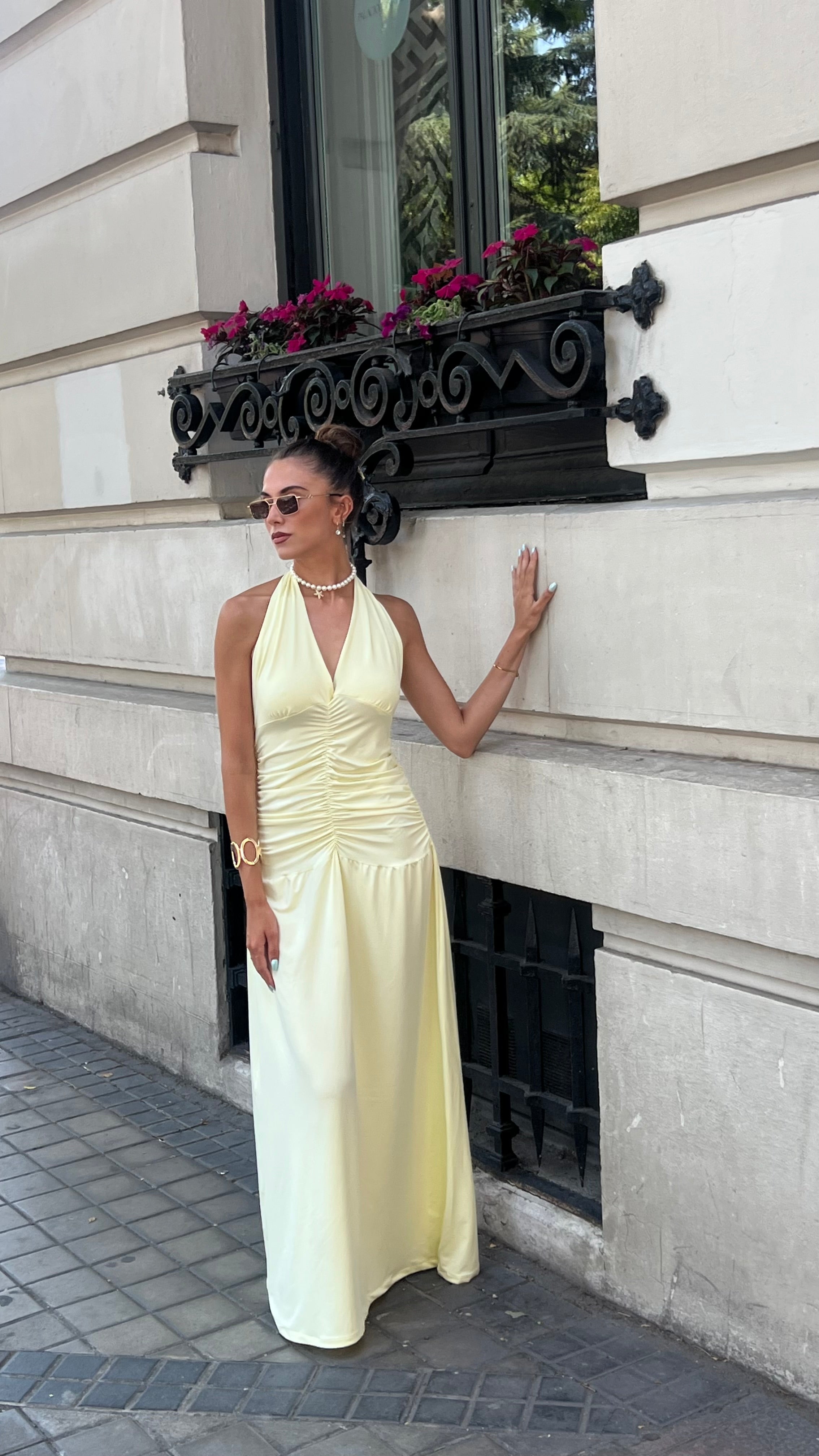 Ruched Halter Dress In Light Yellow