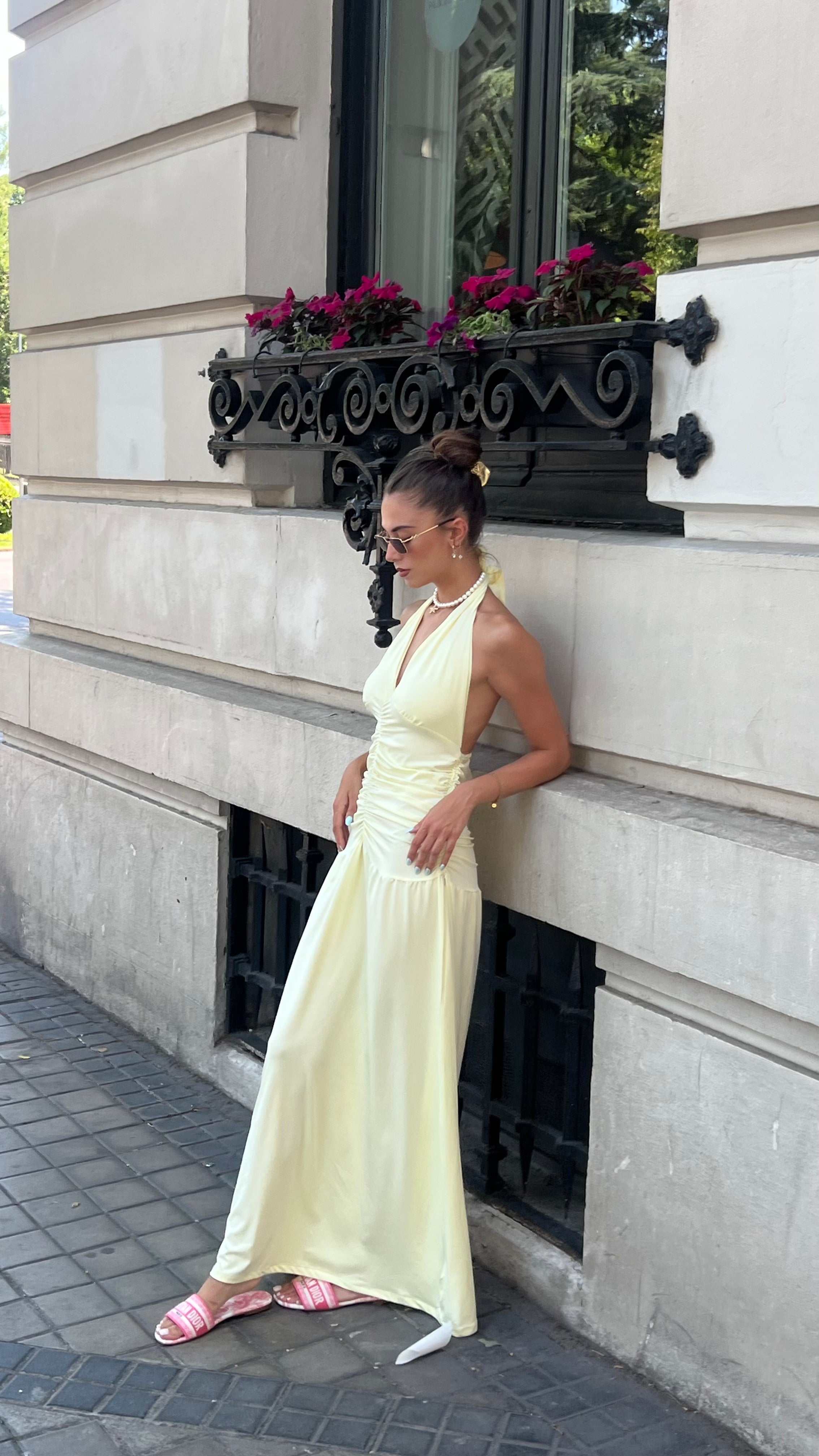 Ruched Halter Dress In Light Yellow