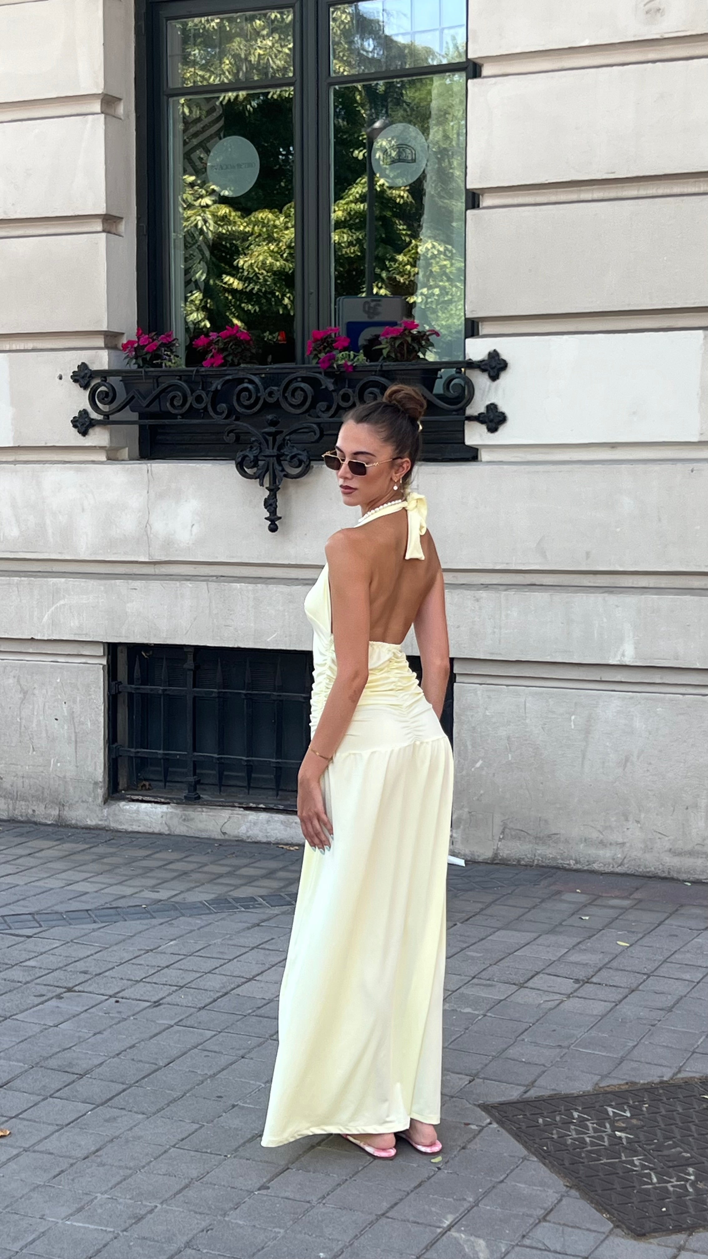 Ruched Halter Dress In Light Yellow