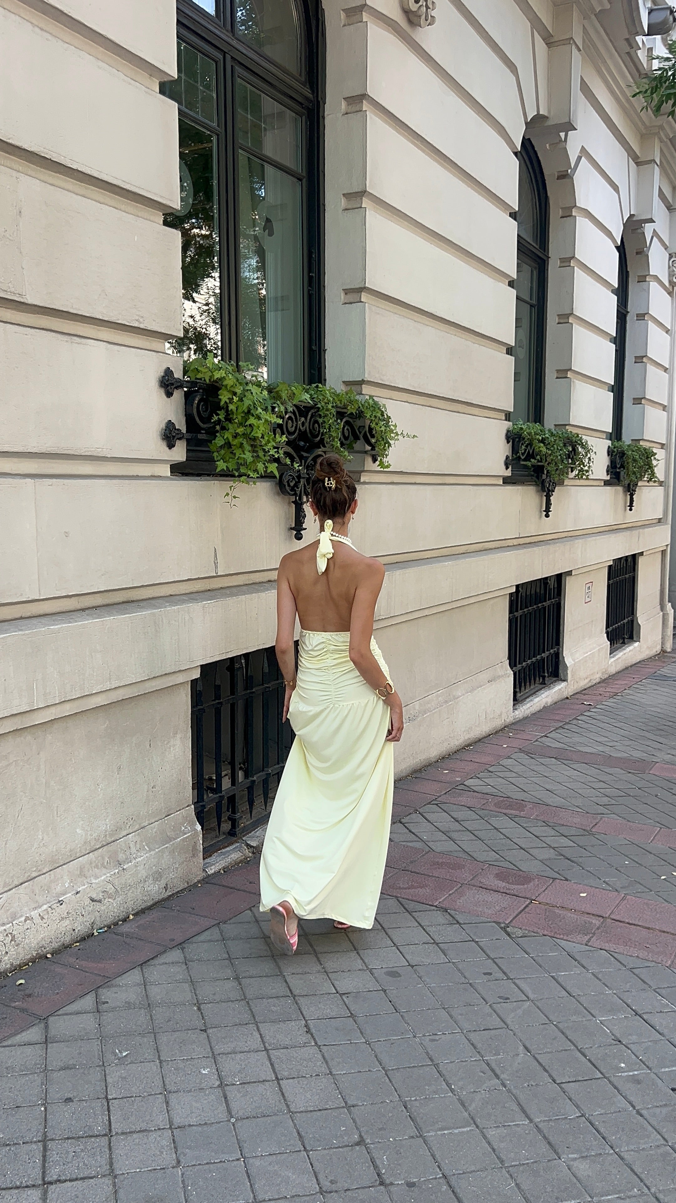 Ruched Halter Dress In Light Yellow
