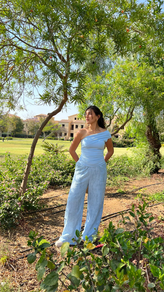 Asymmetric Off-Shoulder Drape In Baby Blue