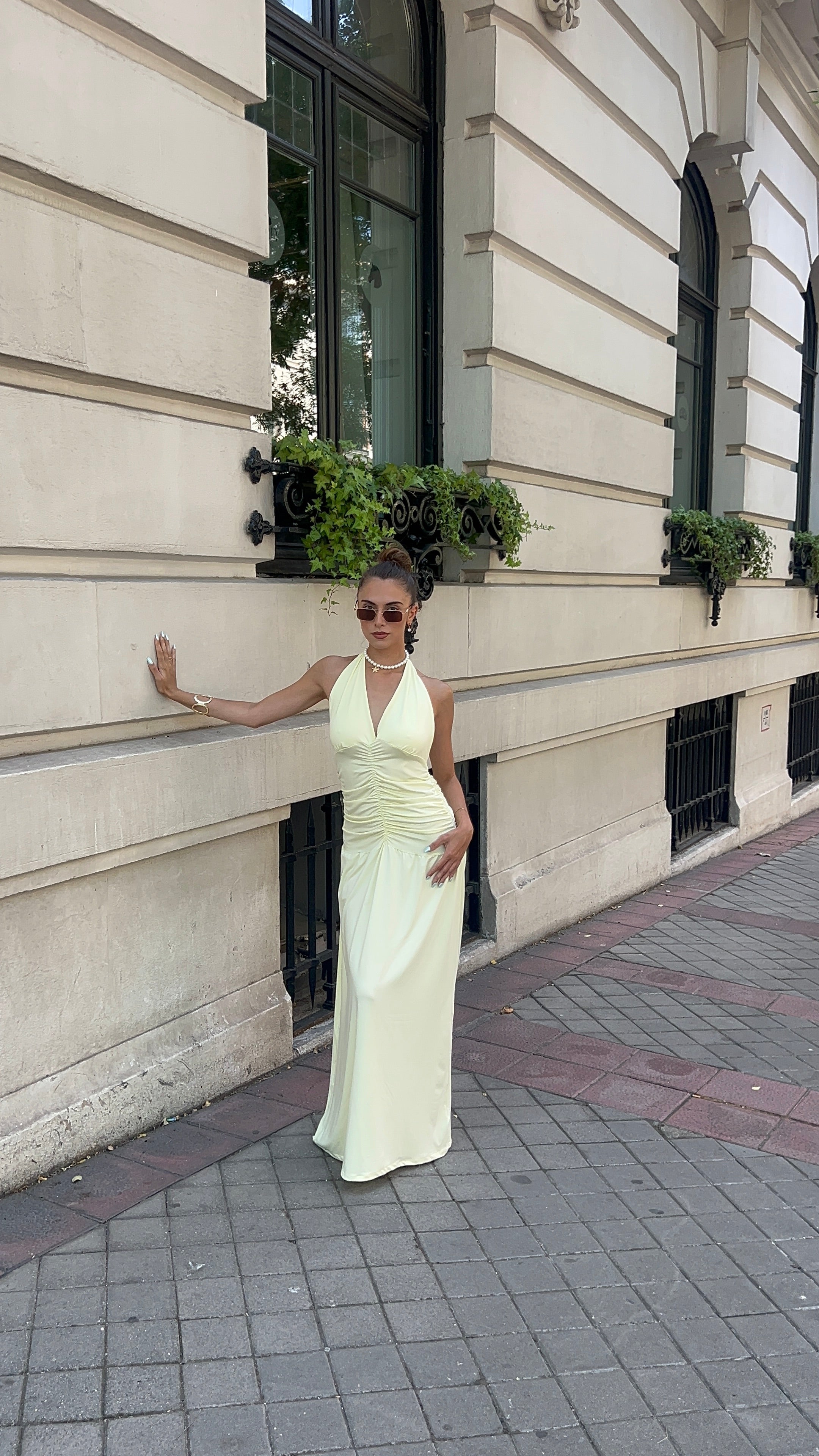 Ruched Halter Dress In Light Yellow