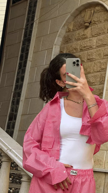 pink gingham striped shirt