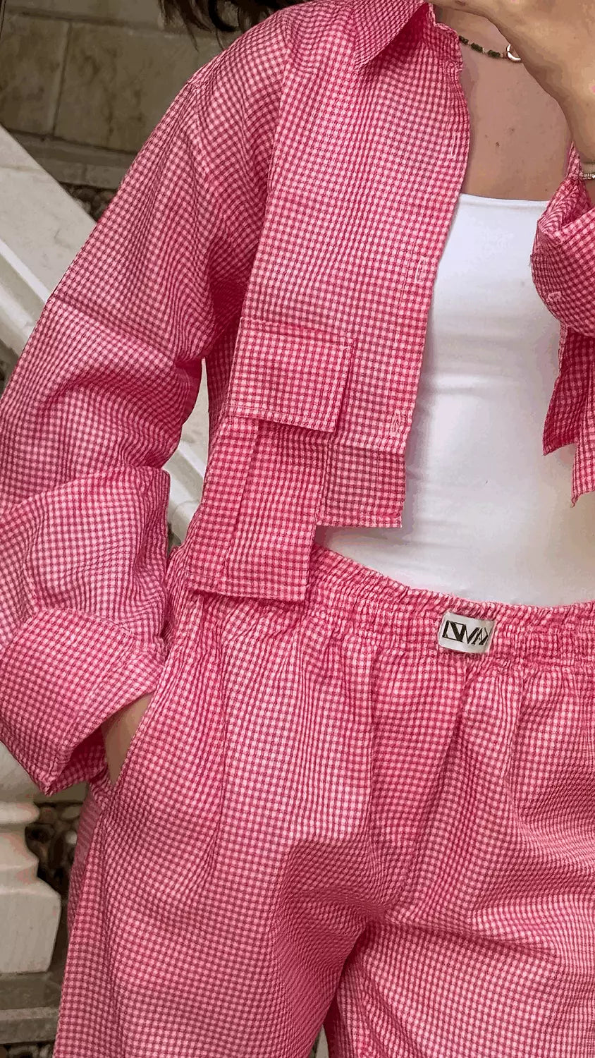 pink gingham striped shirt