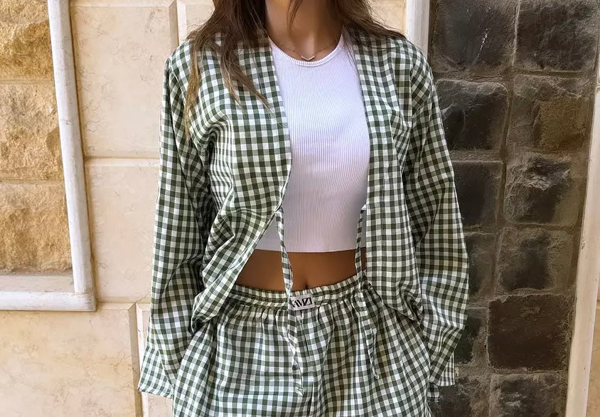 green gingham tie front