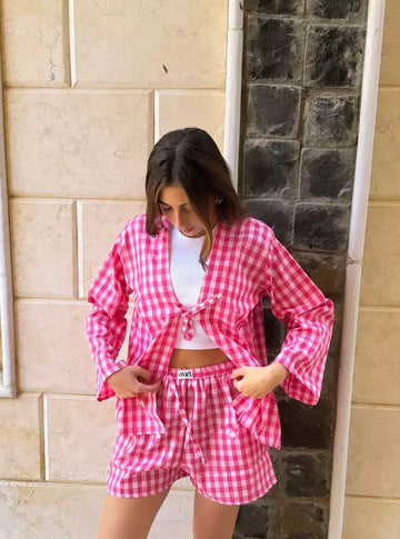 pink squared gingham short