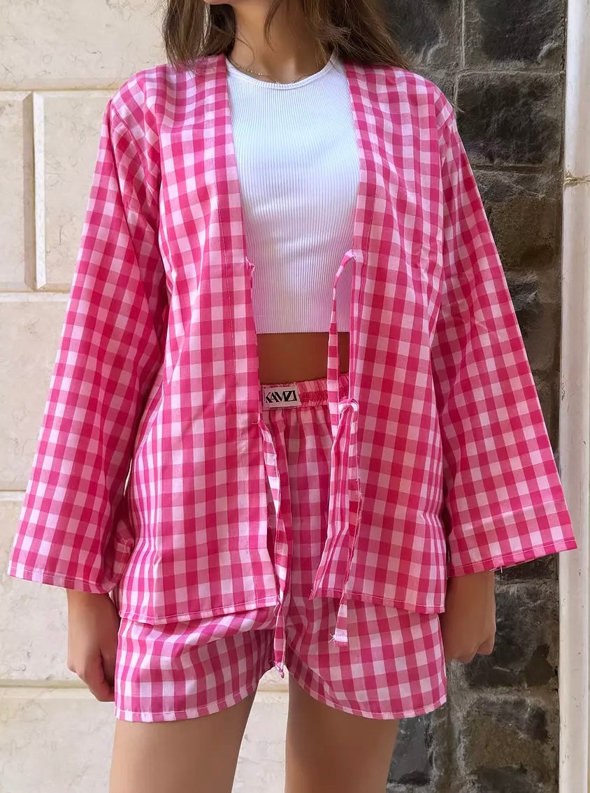 pink gingham tie front top