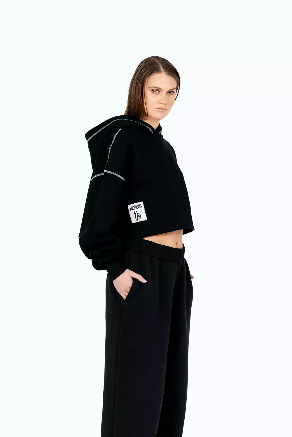 black stitched cropped hoodie