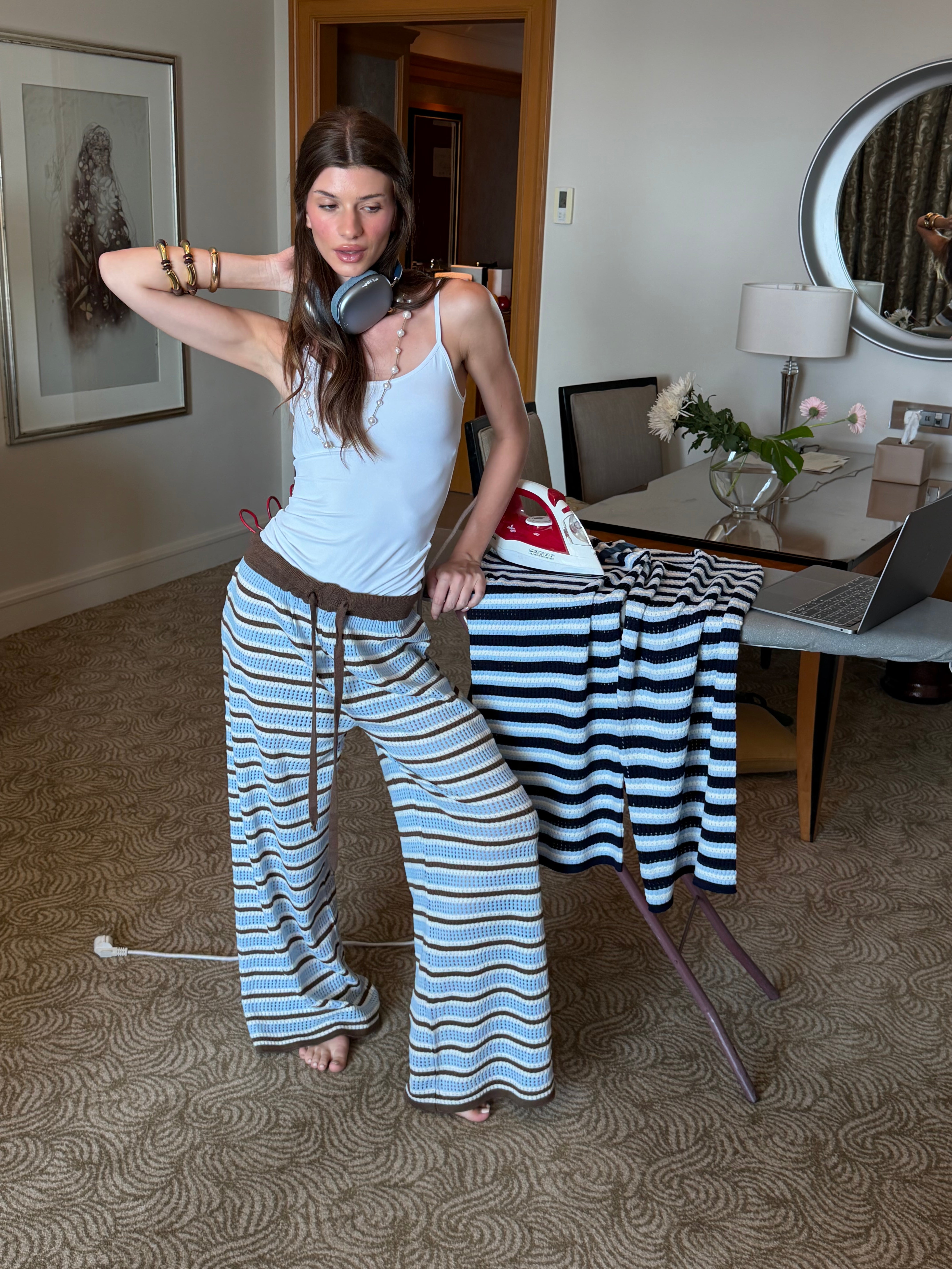Strips knit pants In Baby Blue