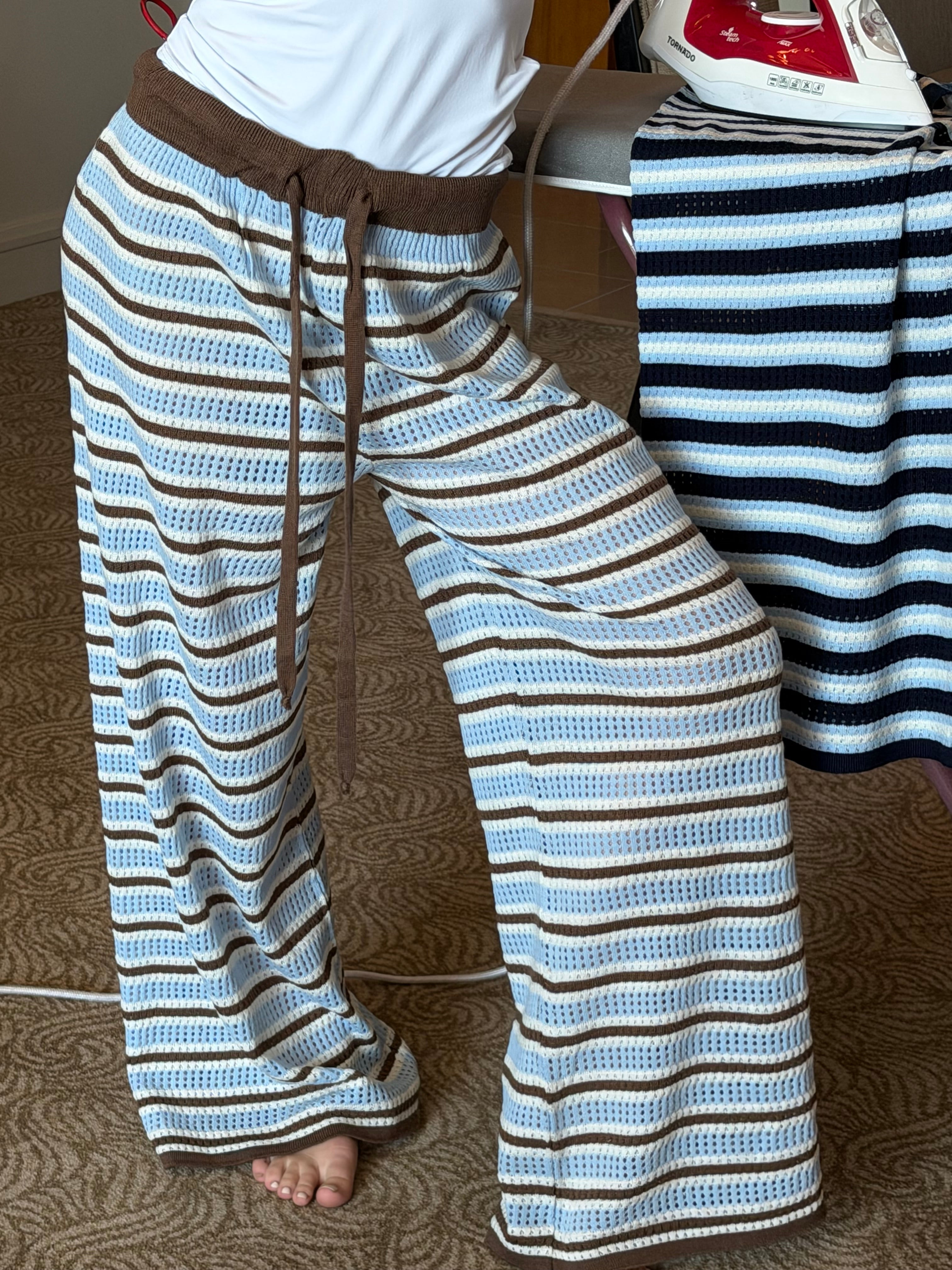 Strips knit pants In Baby Blue