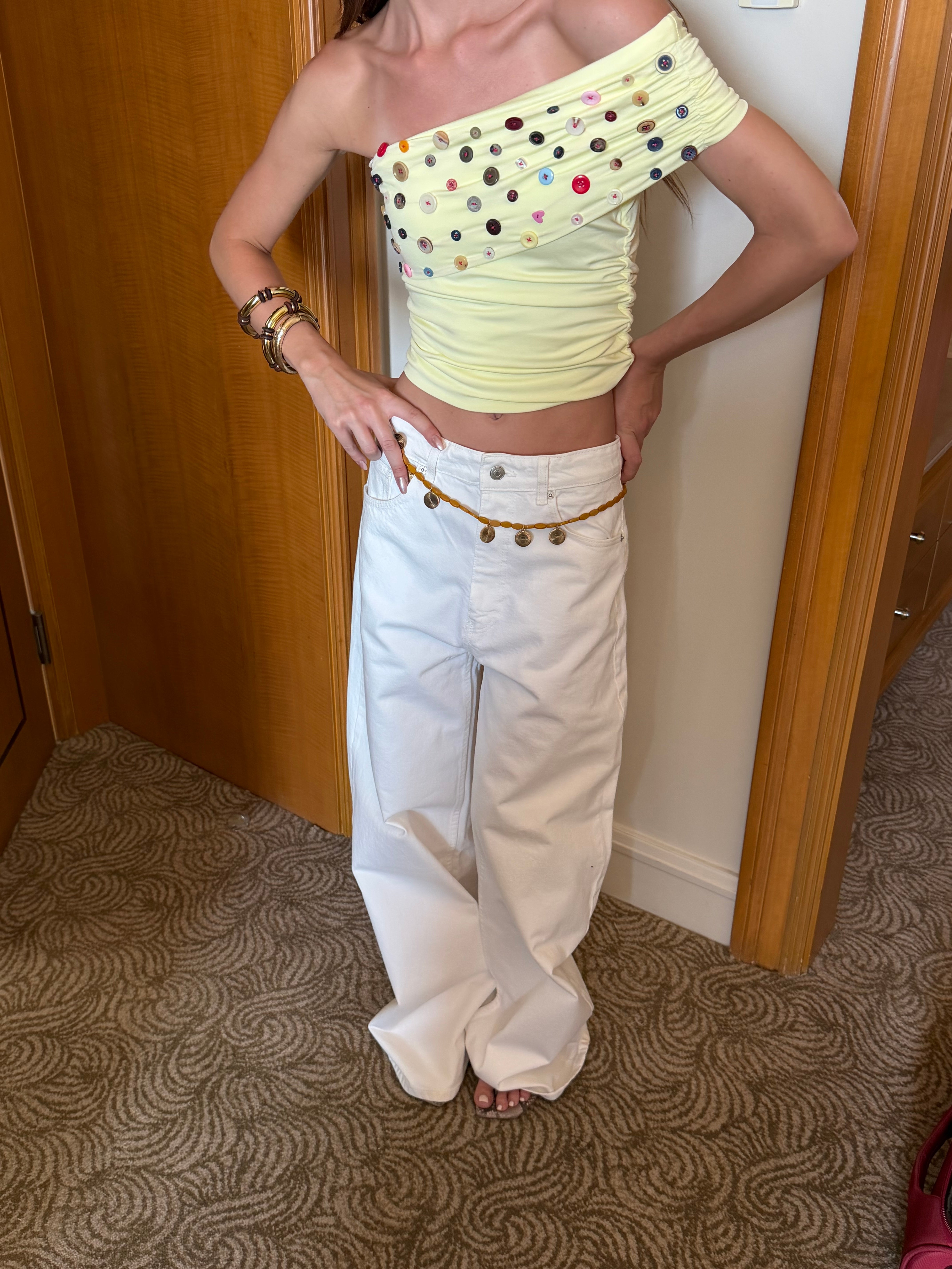 Button Embellished Off-Shoulder