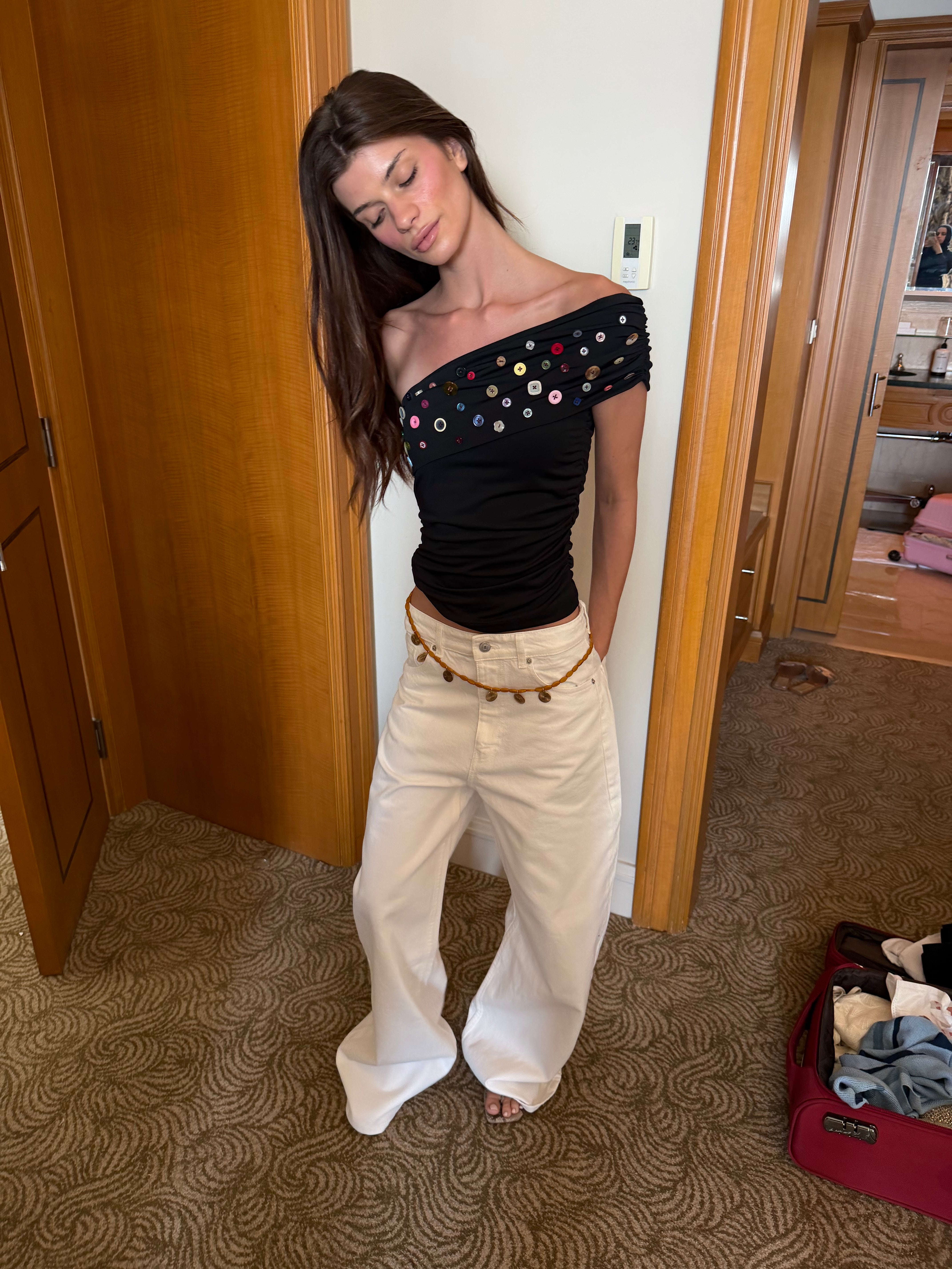 Button Embellished Off-Shoulder