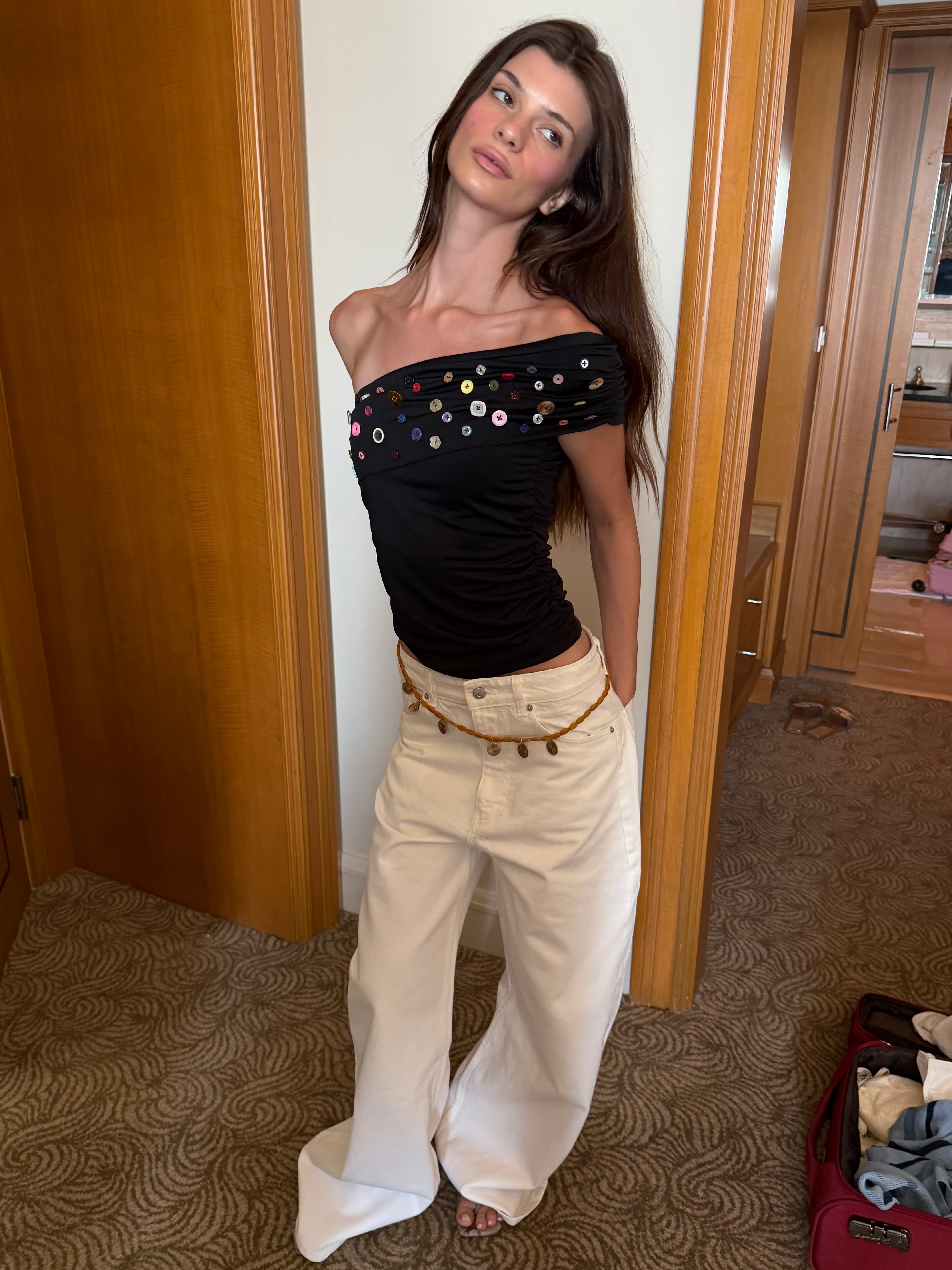 Button Embellished Off-Shoulder