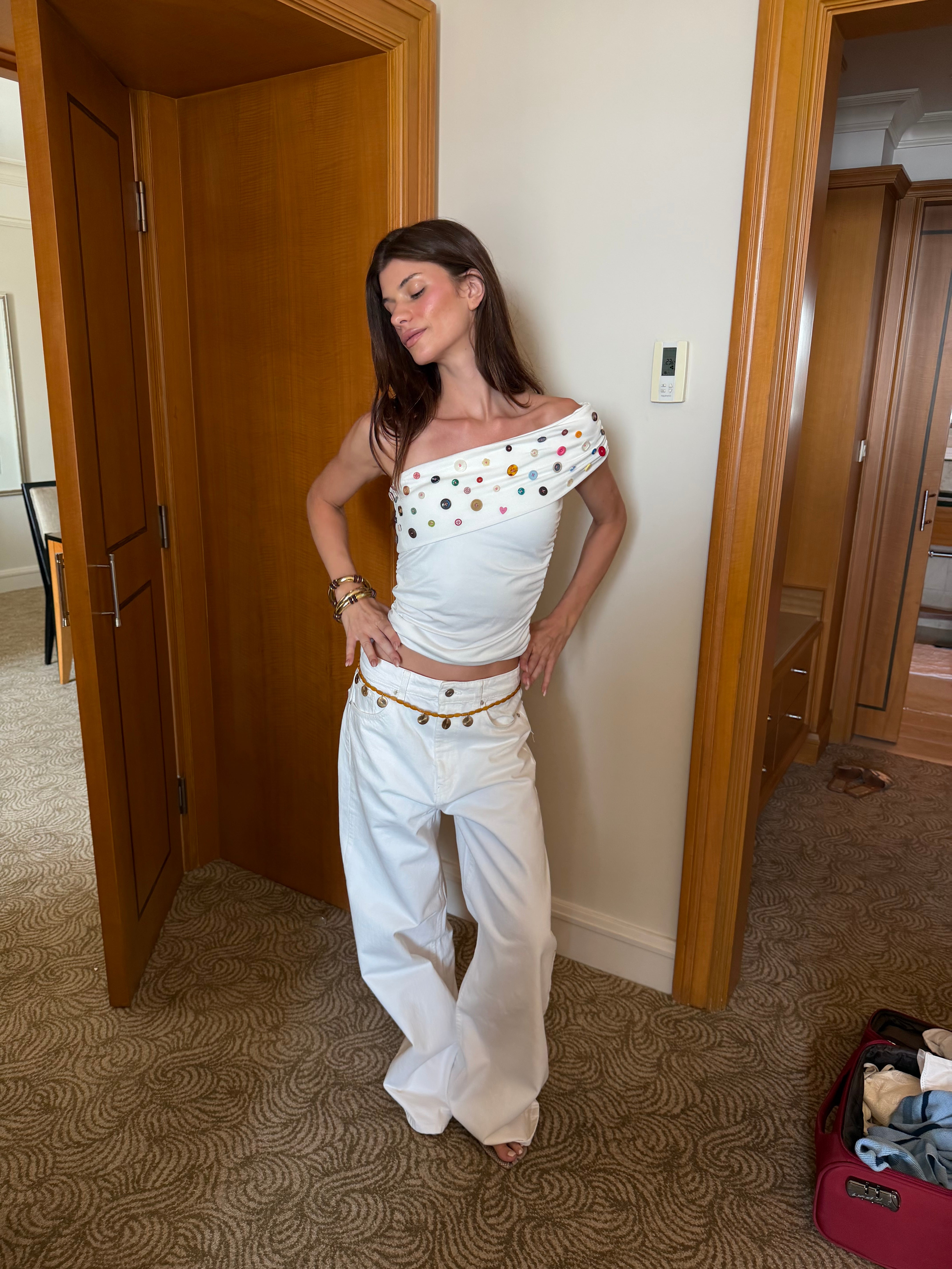 Button Embellished Off-Shoulder