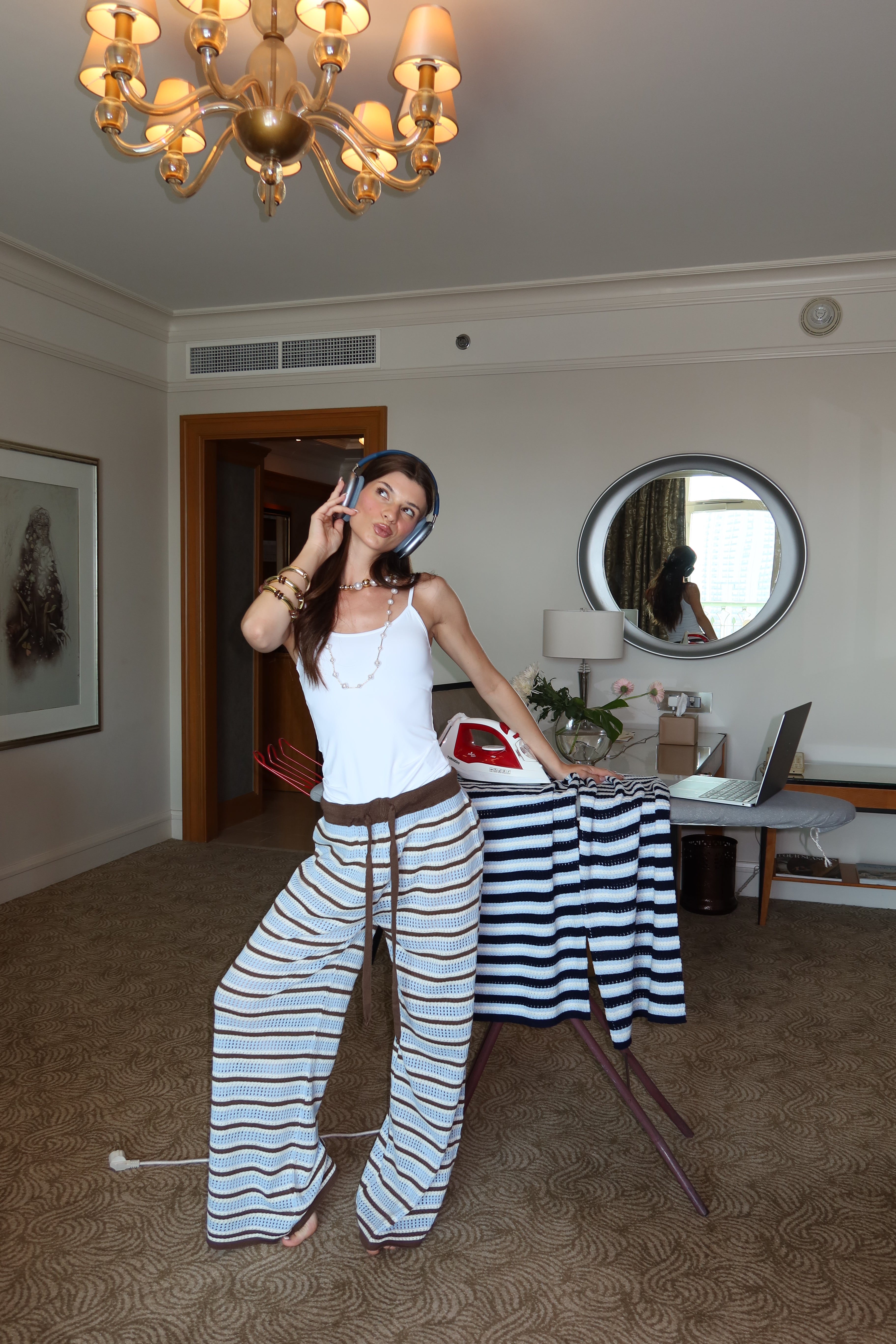 Strips knit pants In Baby Blue