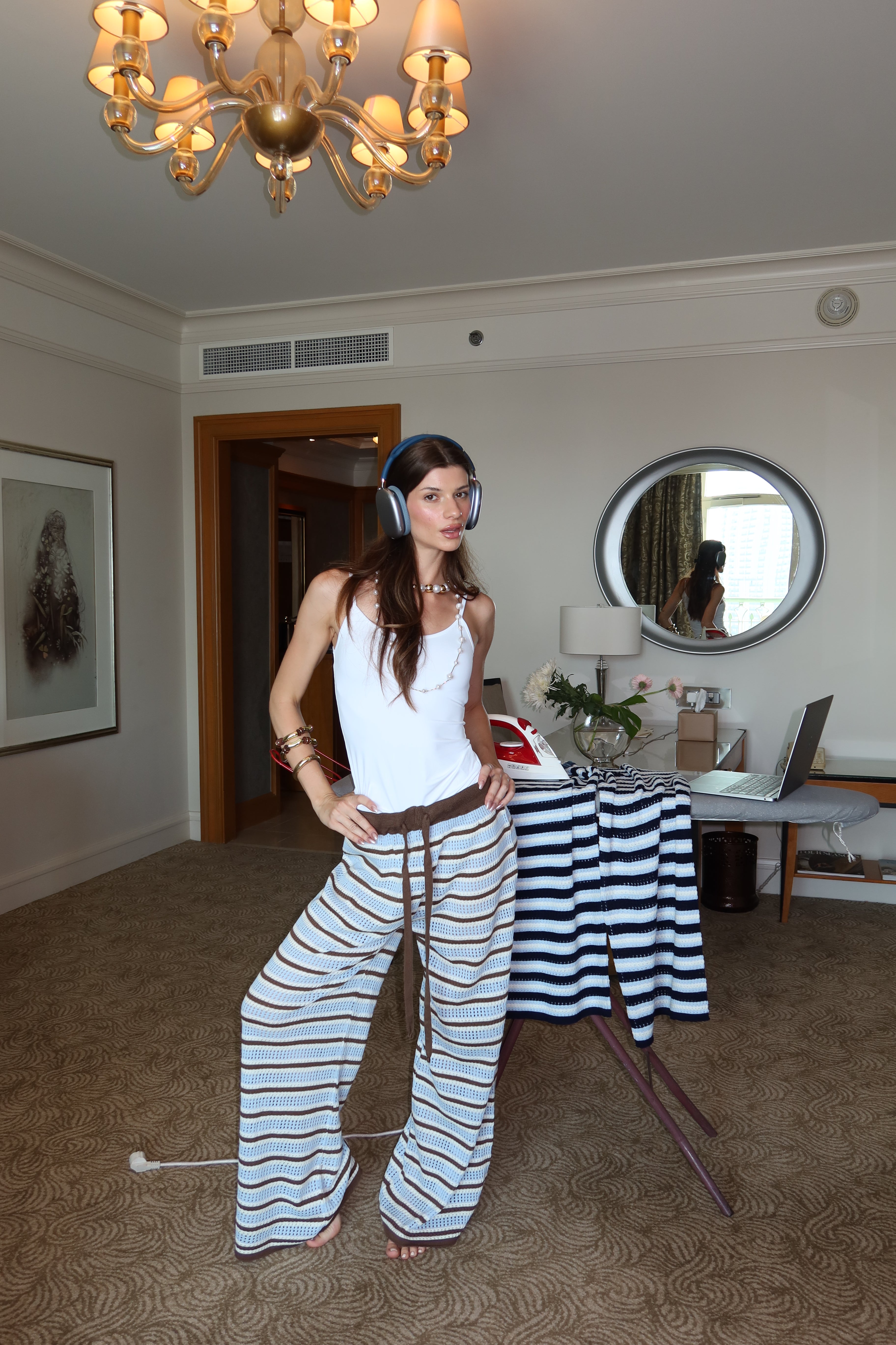 Strips knit pants In Baby Blue