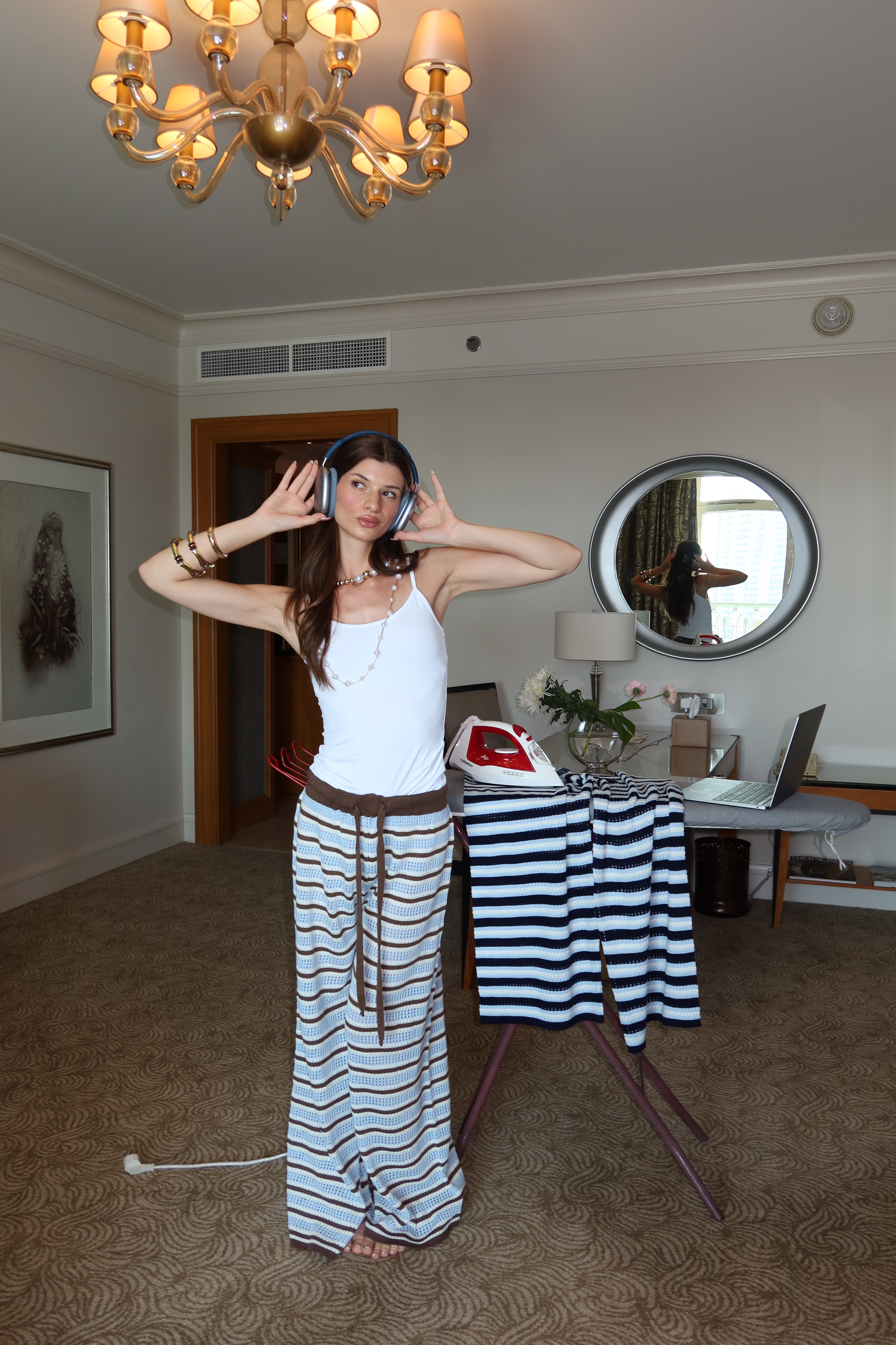 Strips knit pants In Baby Blue
