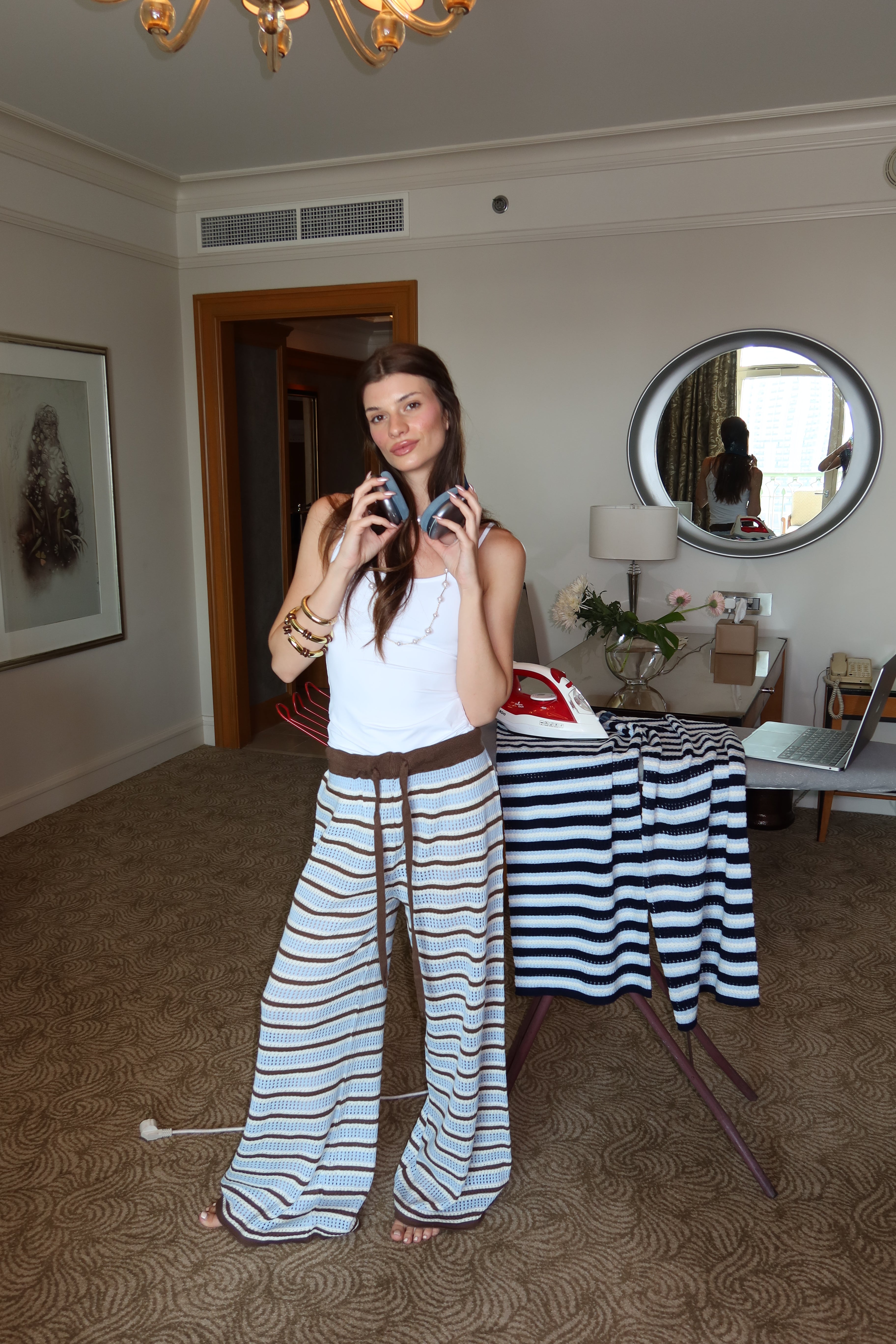 Strips knit pants In Baby Blue