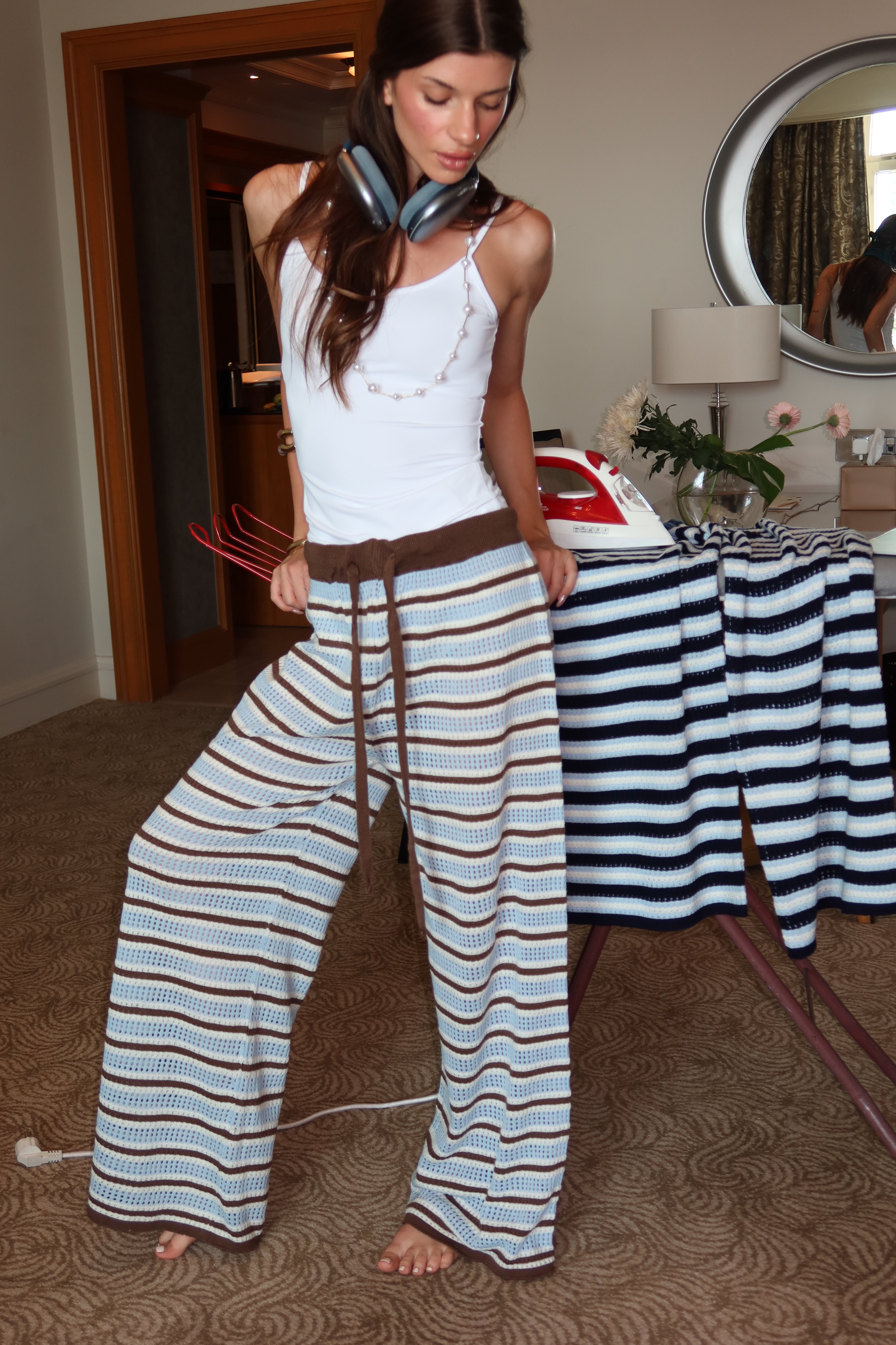 Strips knit pants In Baby Blue