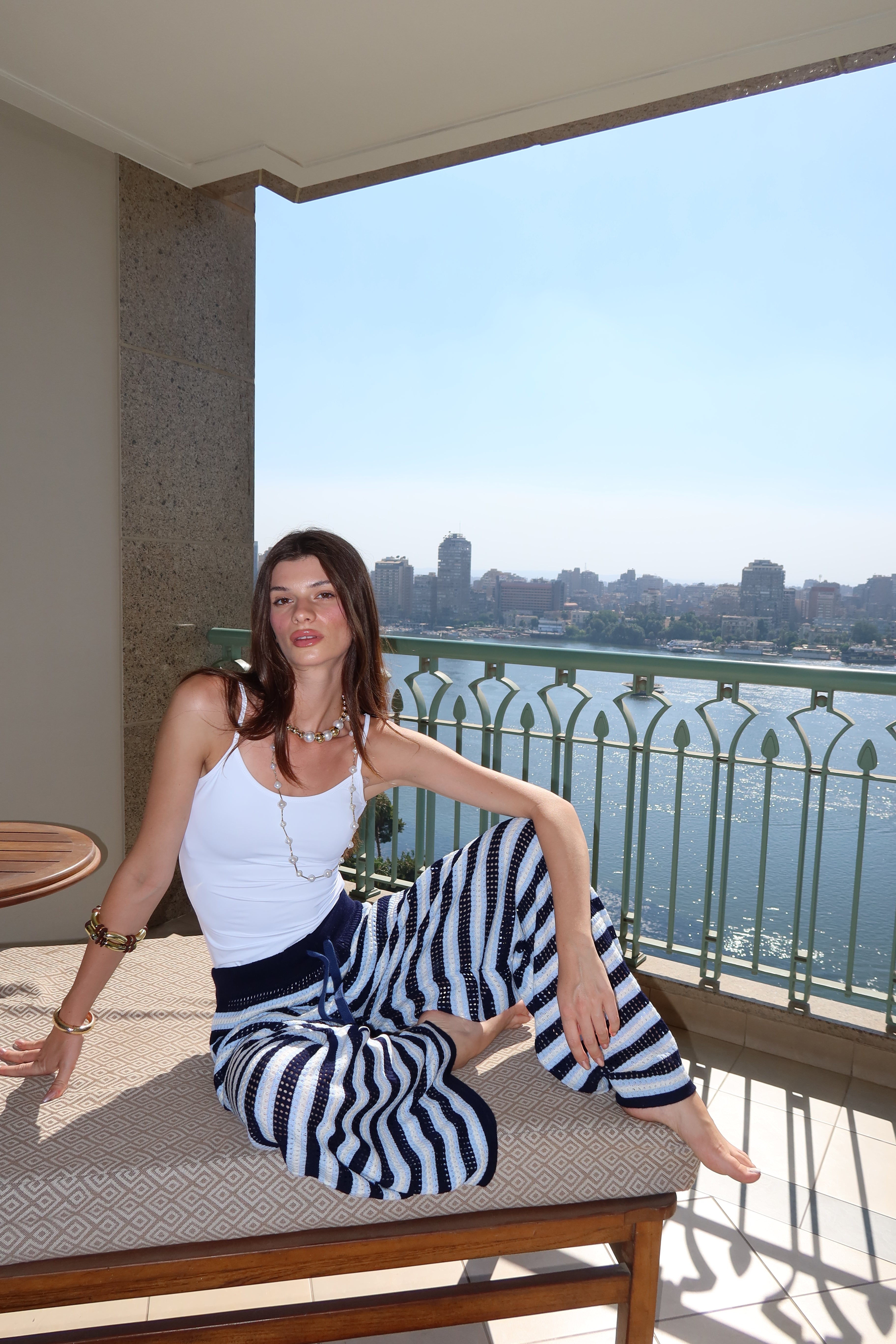 Strips knit pants In navy