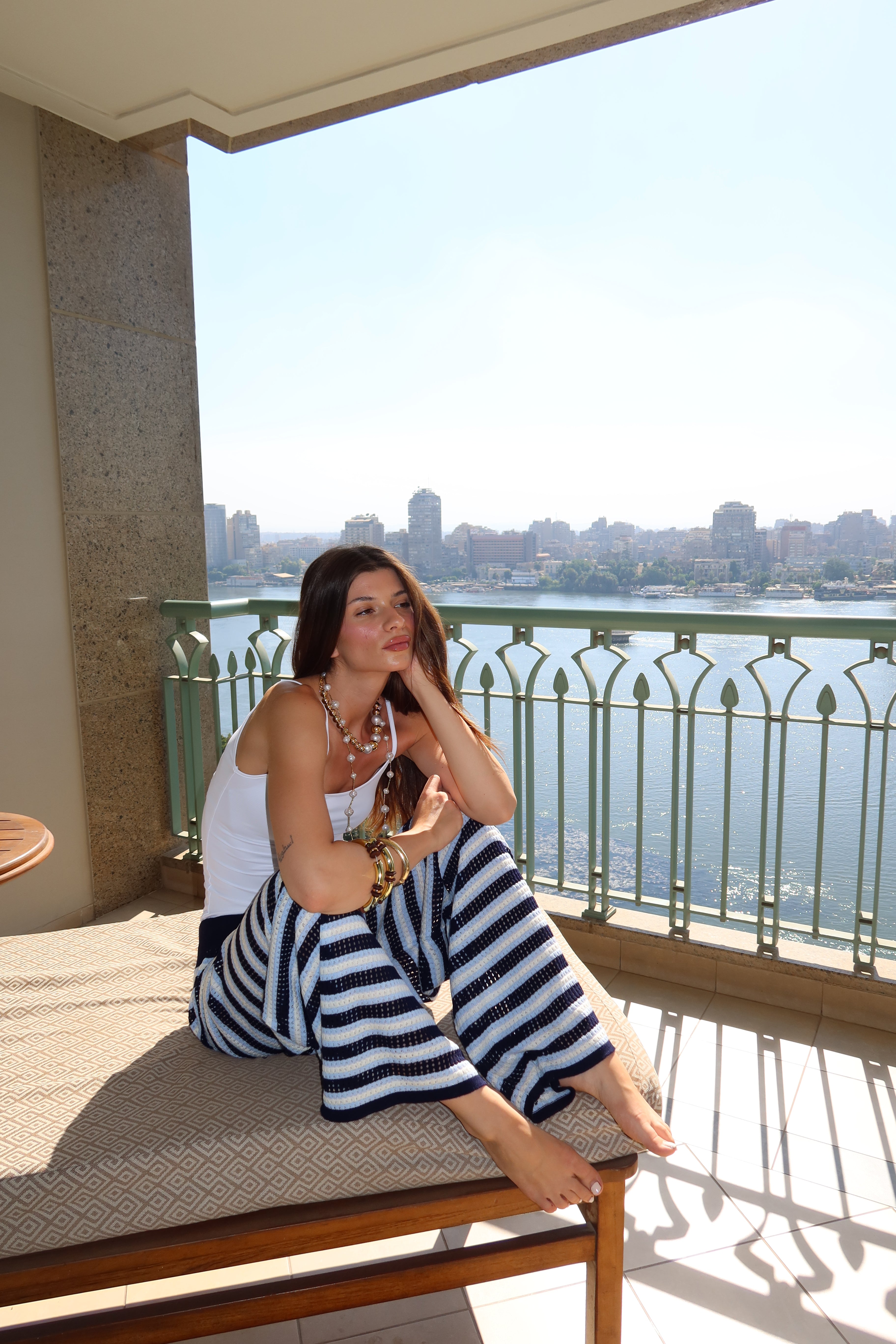 Strips knit pants In navy