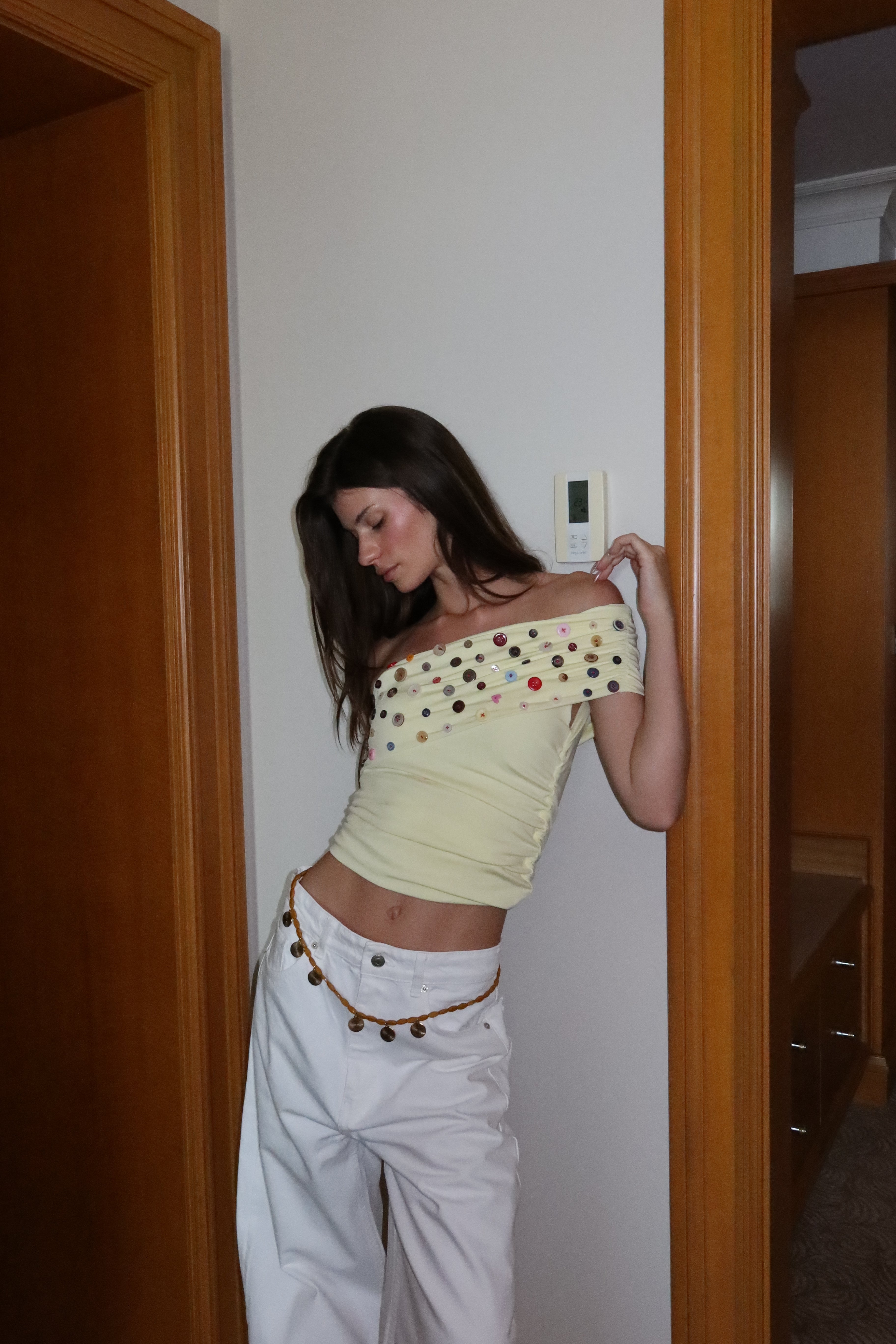 Button Embellished Off-Shoulder
