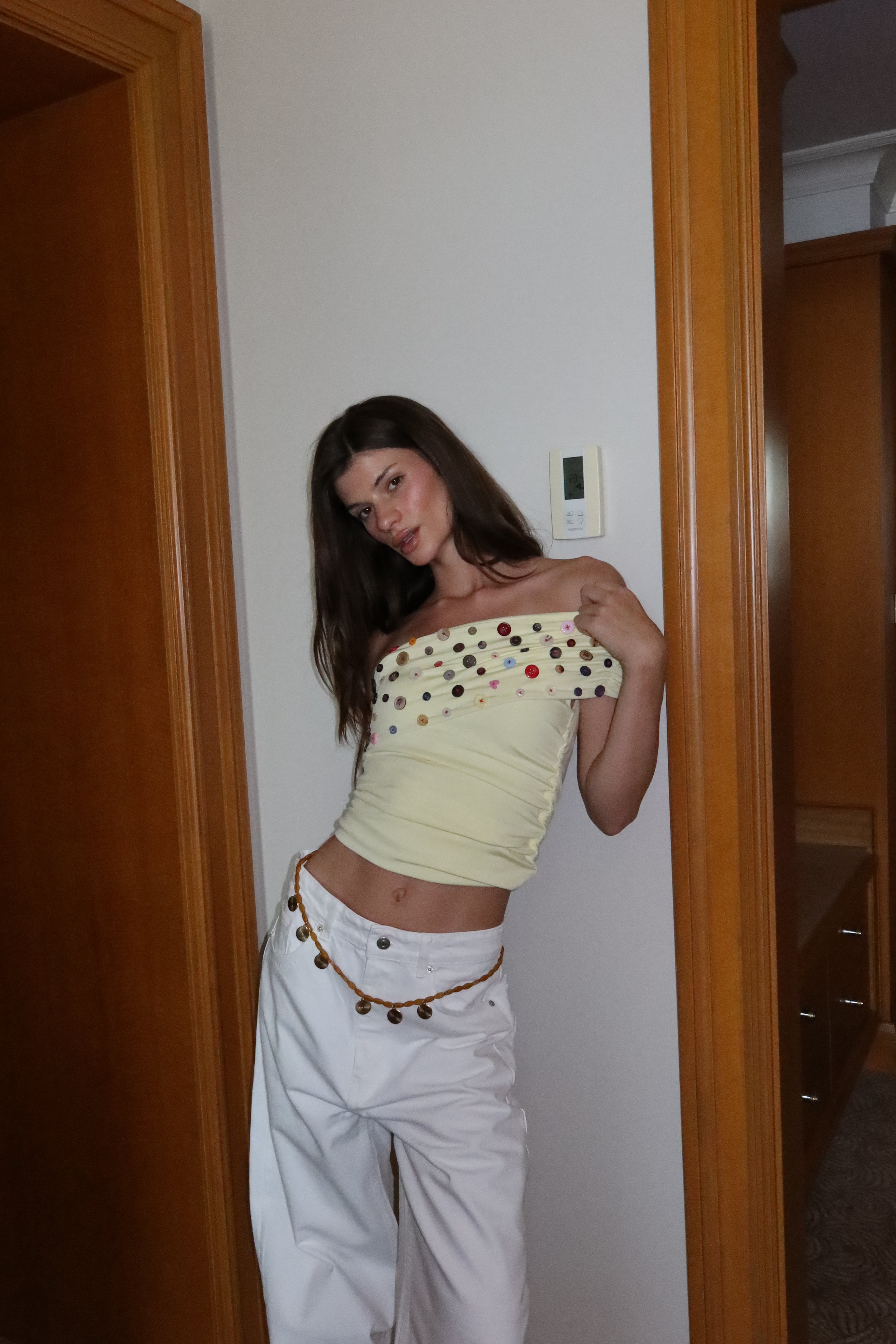 Button Embellished Off-Shoulder