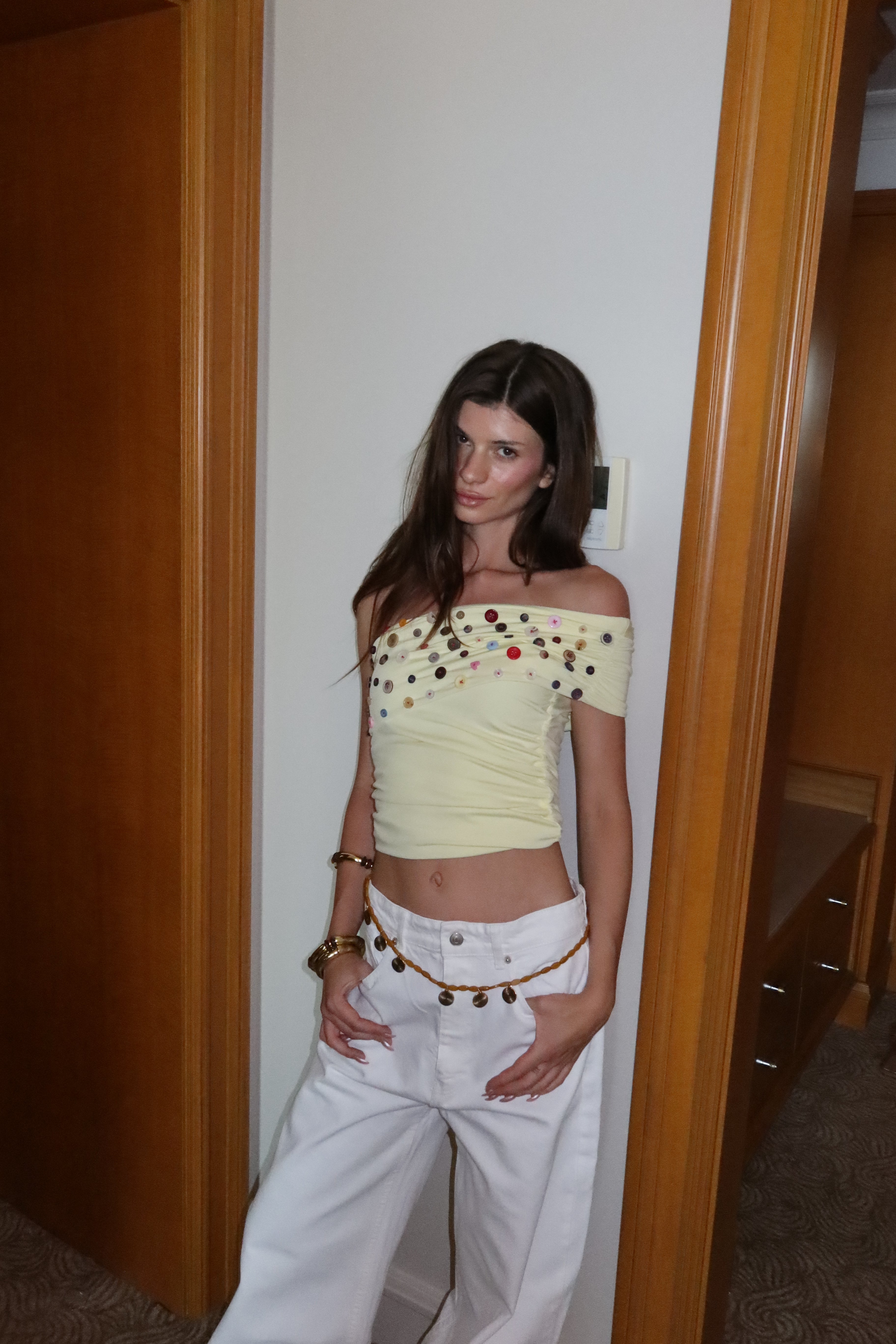 Button Embellished Off-Shoulder