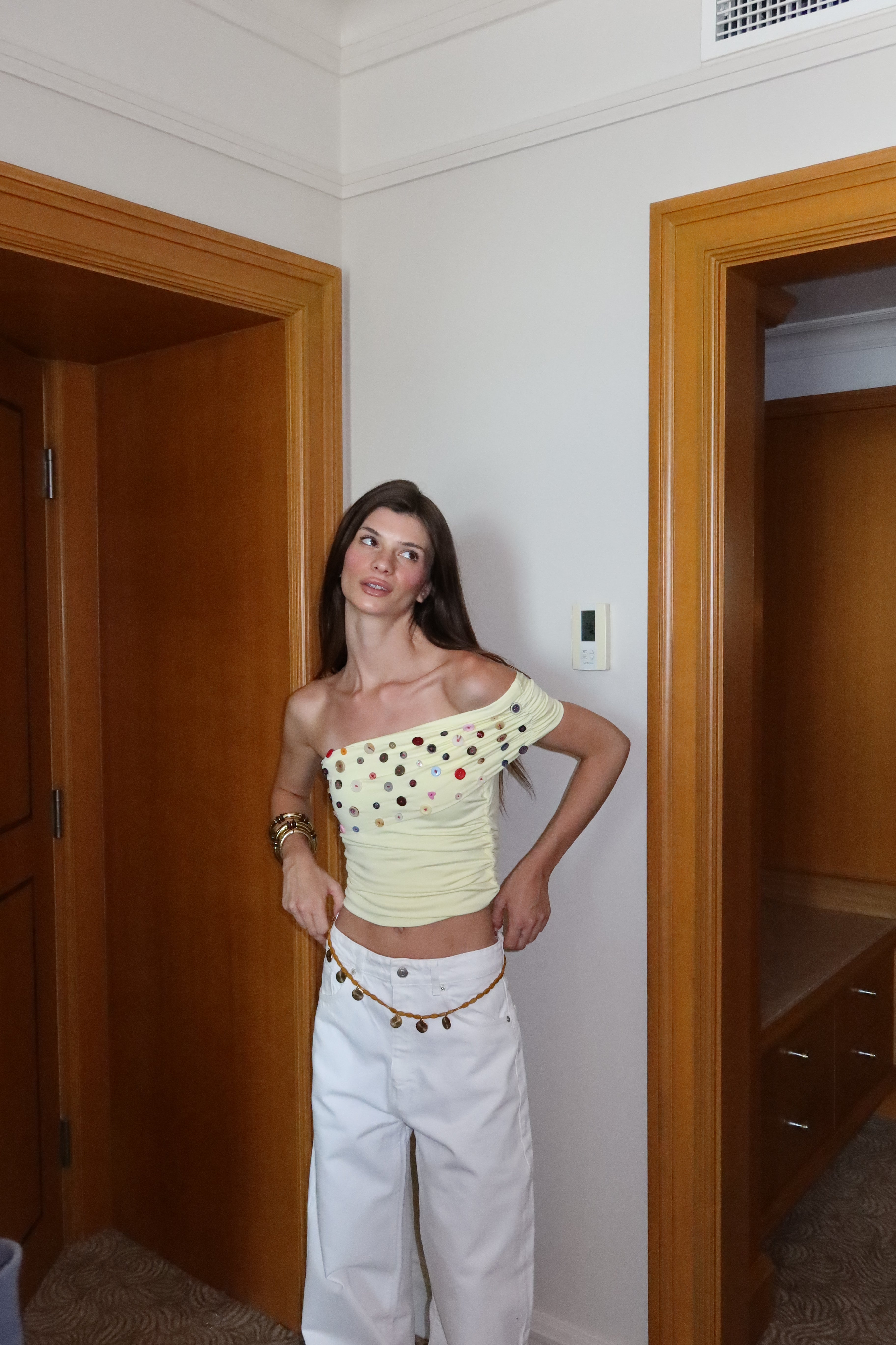Button Embellished Off-Shoulder