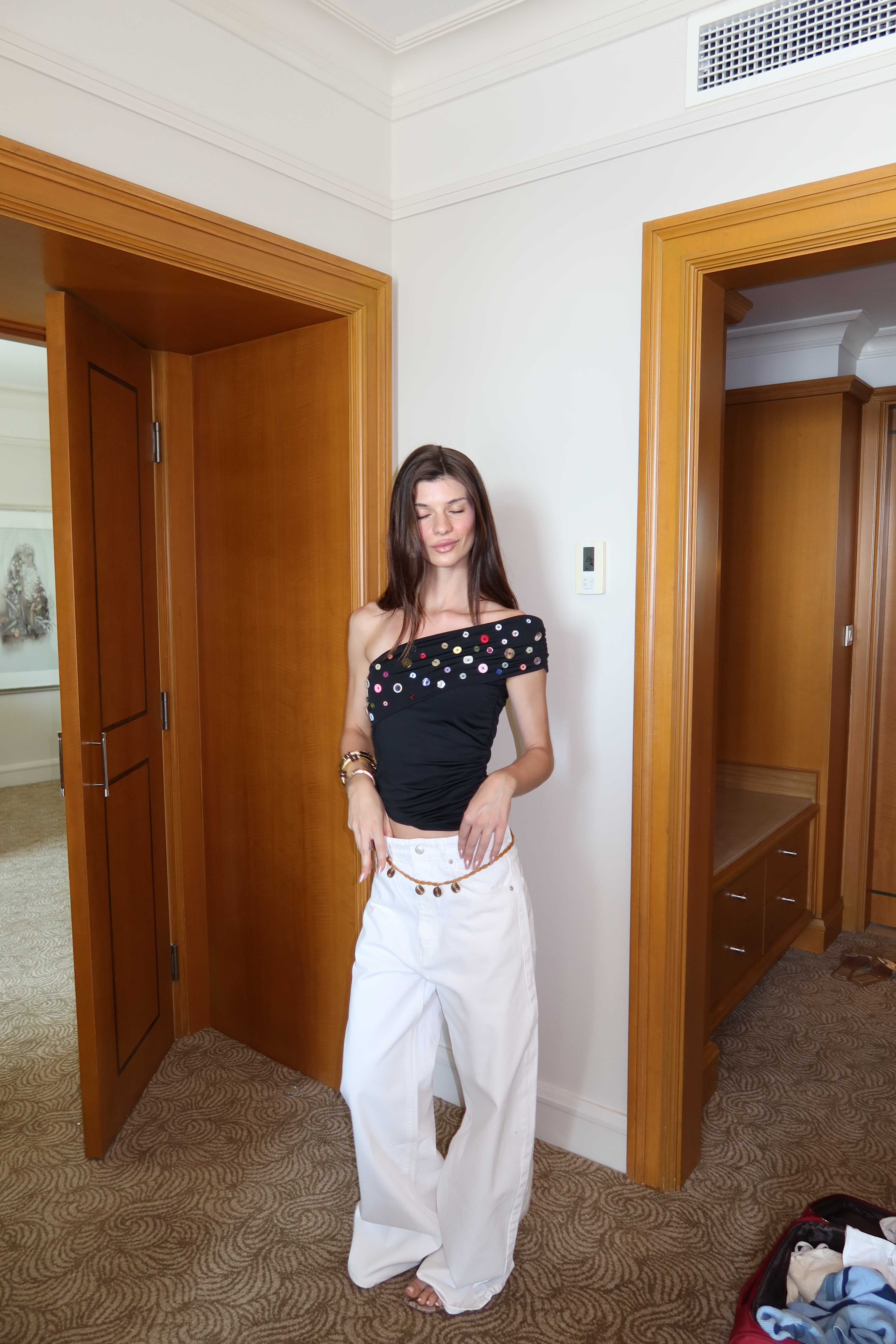 Button Embellished Off-Shoulder