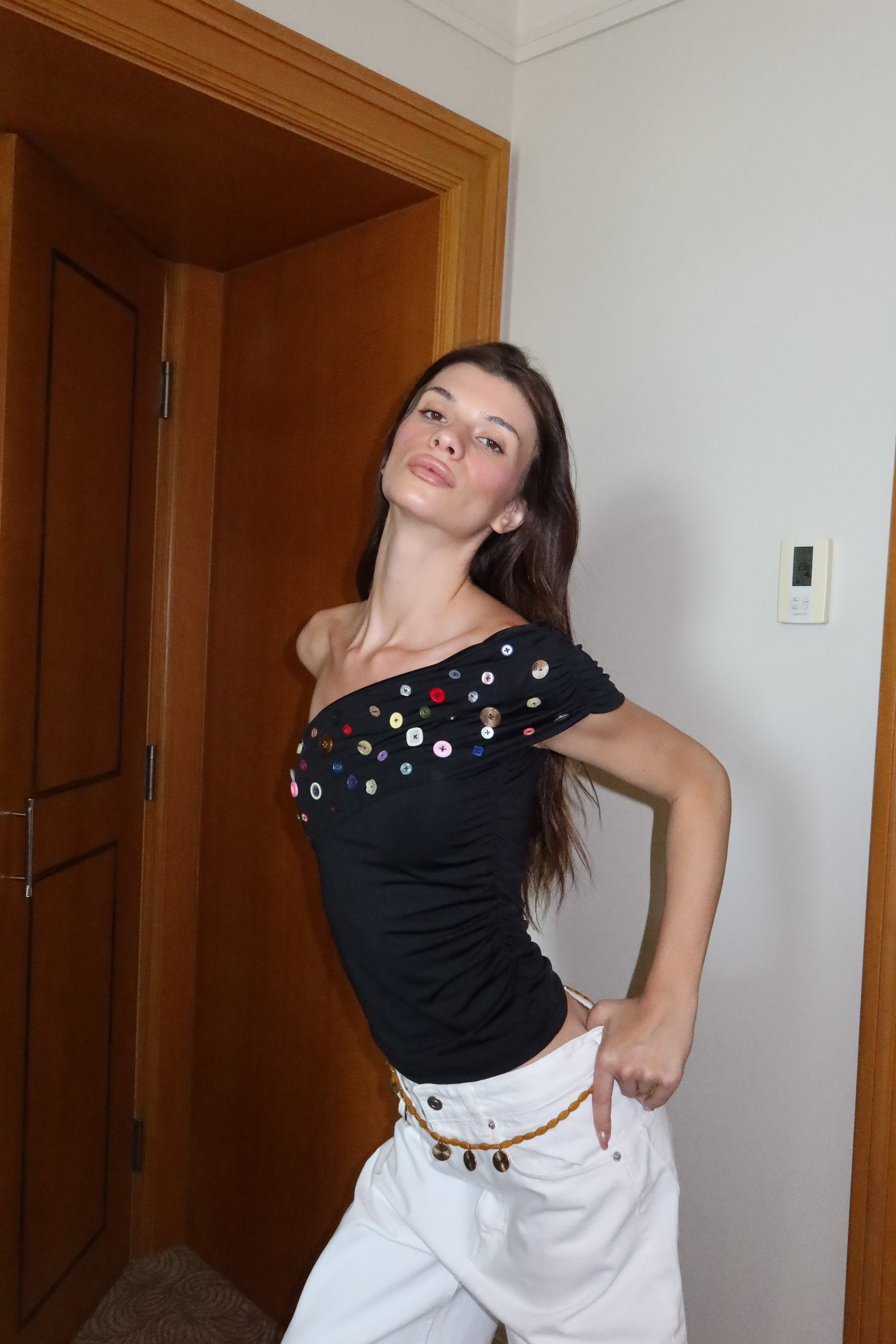 Button Embellished Off-Shoulder