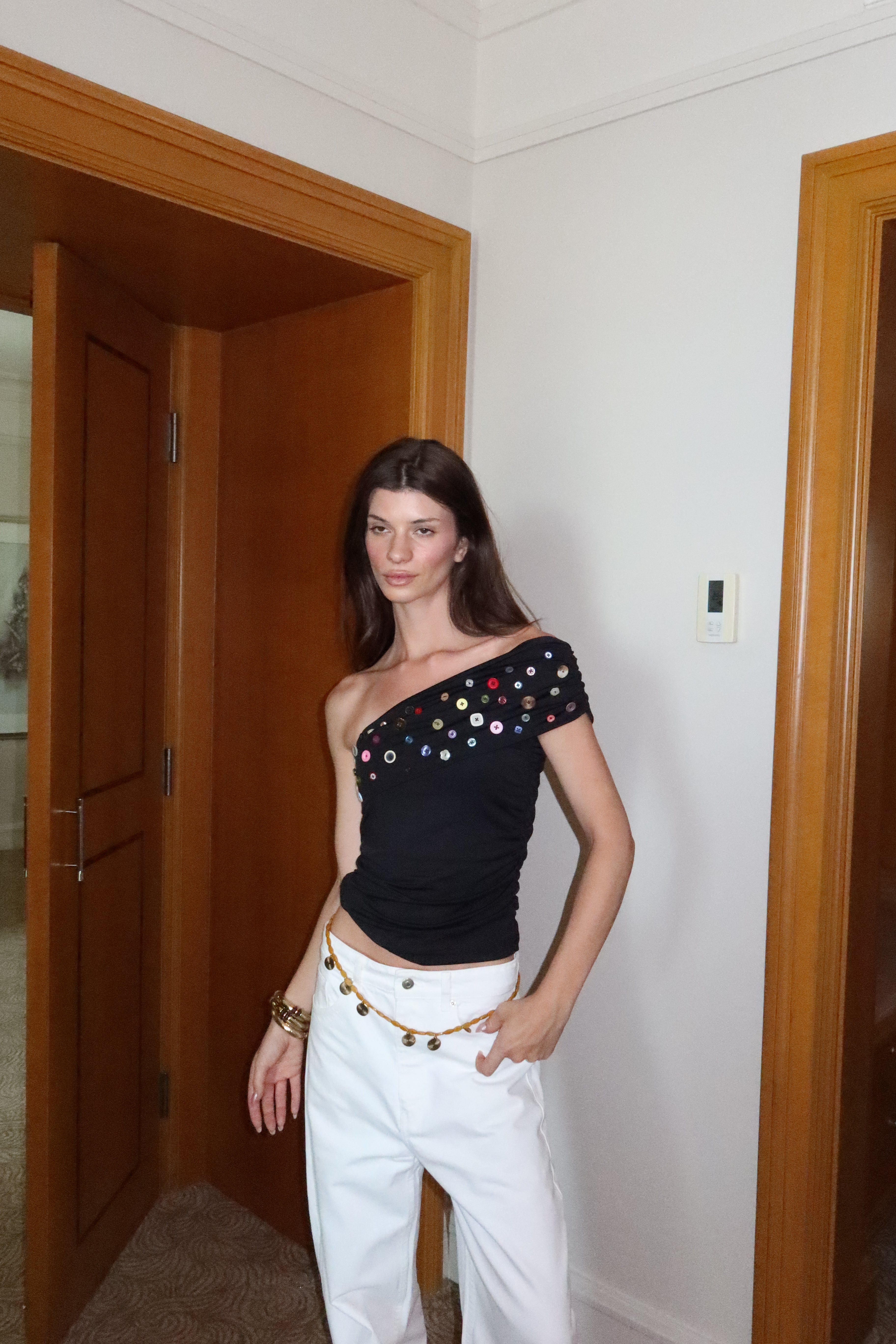 Button Embellished Off-Shoulder