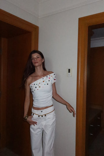 Button Embellished Off-Shoulder