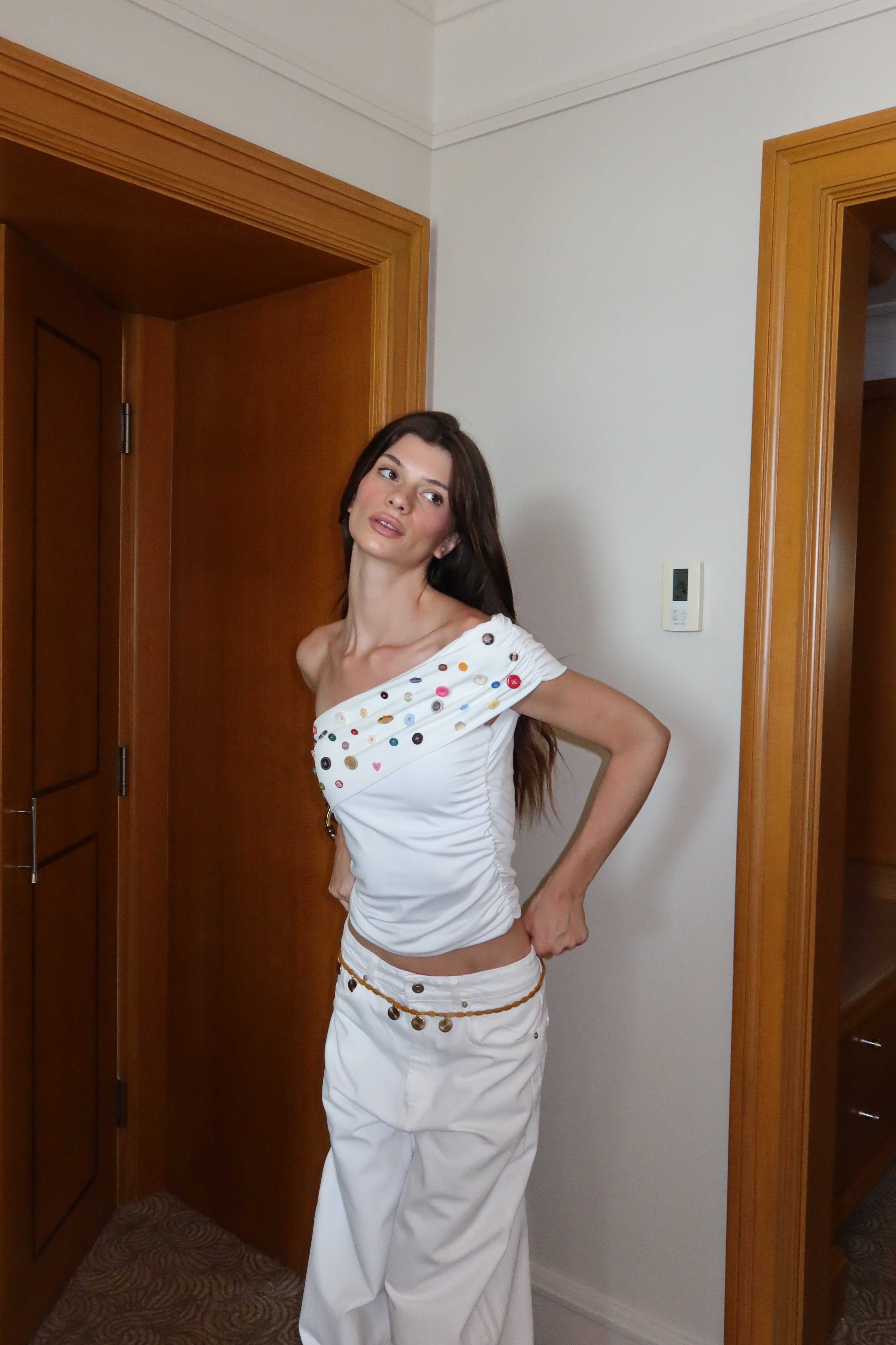 Button Embellished Off-Shoulder