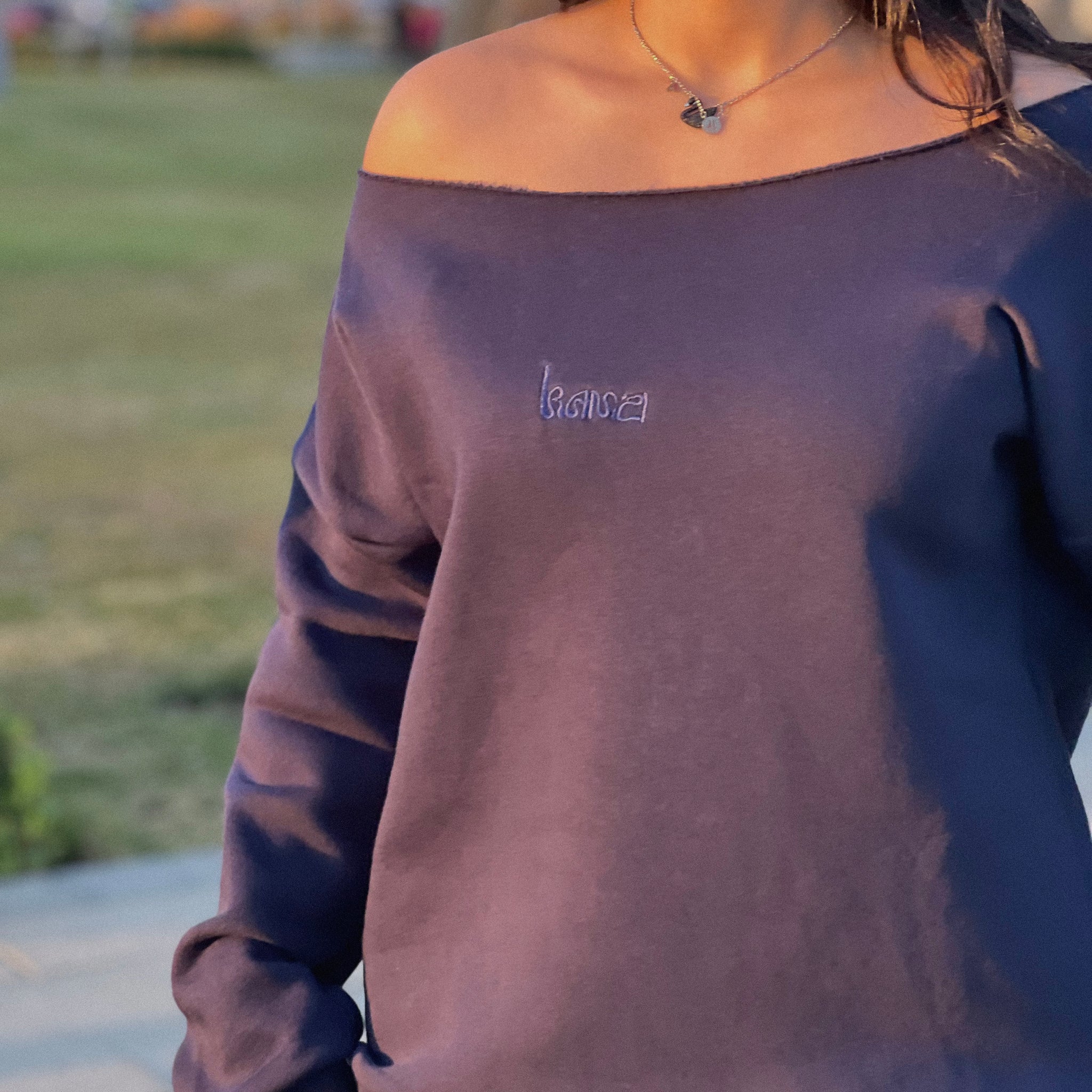 navy no neckline sweater